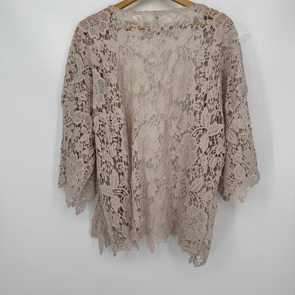 RnB Beige Floral Crochet Women's L Lace Open Front Cardigan Lace Kimono - Picture 2 of 7
